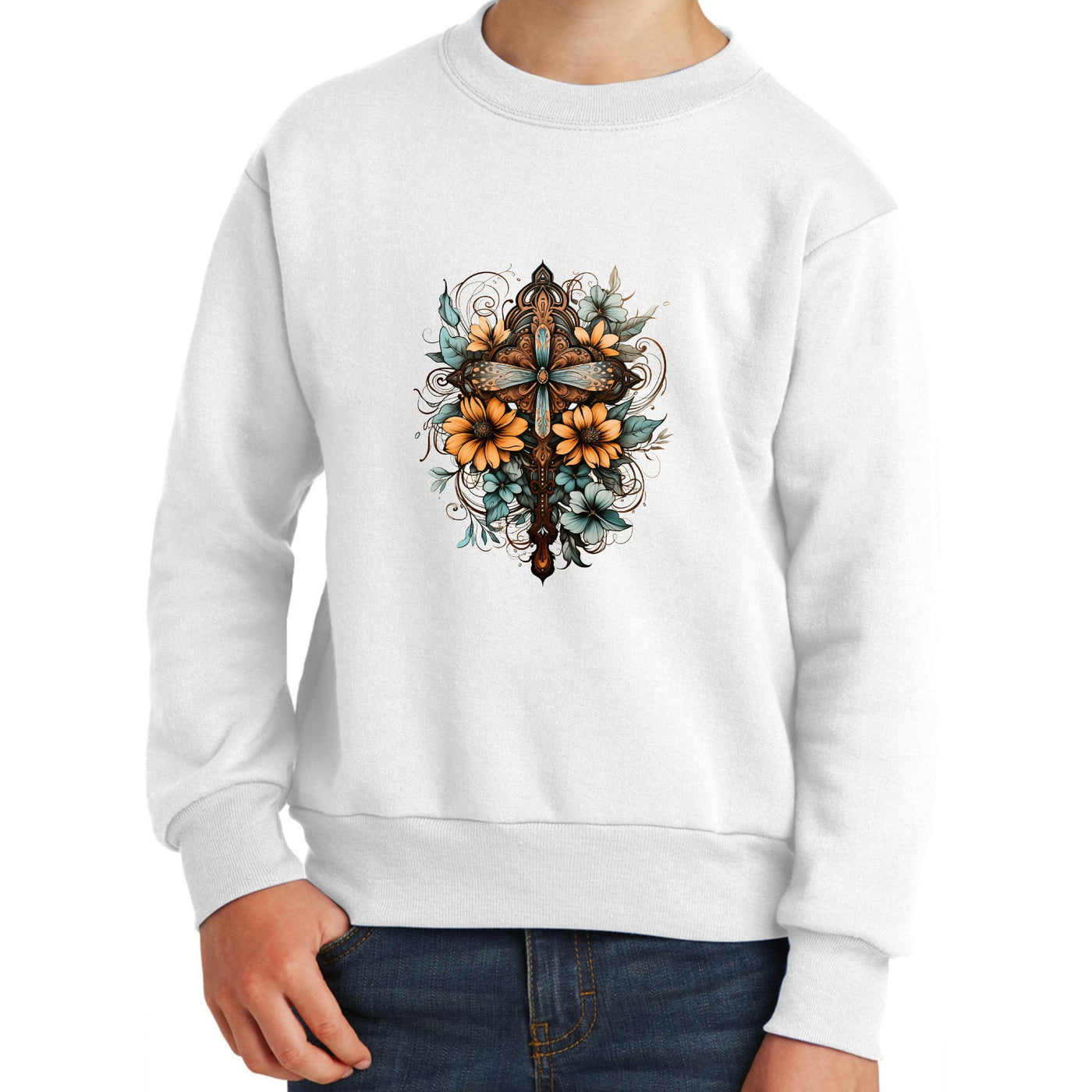 Youth Graphic Sweatshirt Christian Cross Floral Bouquet Brown - Youth