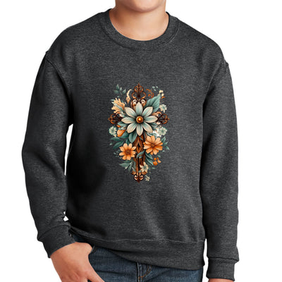 Youth Graphic Sweatshirt Christian Cross Floral Bouquet Green - Youth