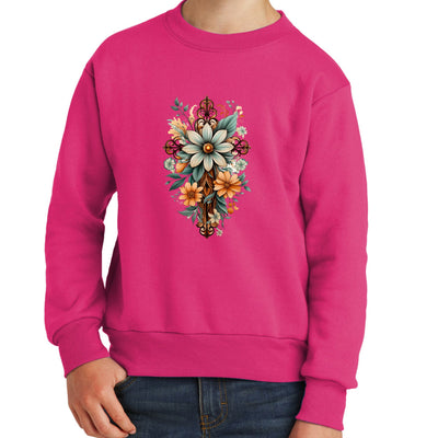Youth Graphic Sweatshirt Christian Cross Floral Bouquet Green - Youth