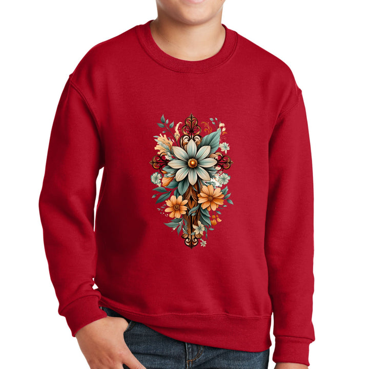 Youth Graphic Sweatshirt - Christian Cross Floral Bouquet Green