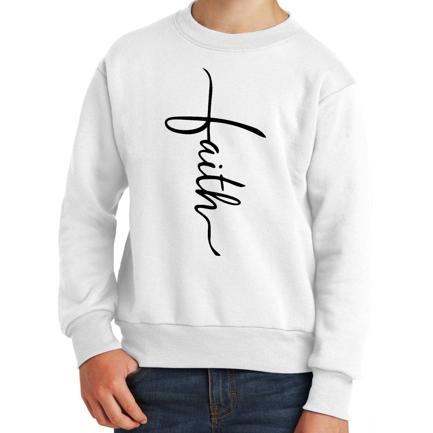 Youth Graphic Sweatshirt Faith Script Cross Black Illustration - Youth
