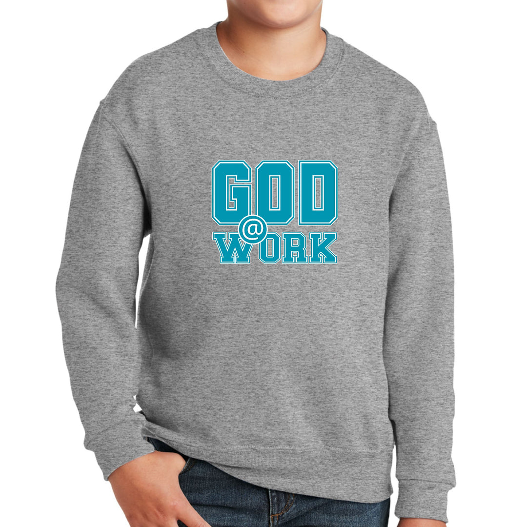 Youth Graphic Sweatshirt God @ Work Blue Green and White Print - Youth