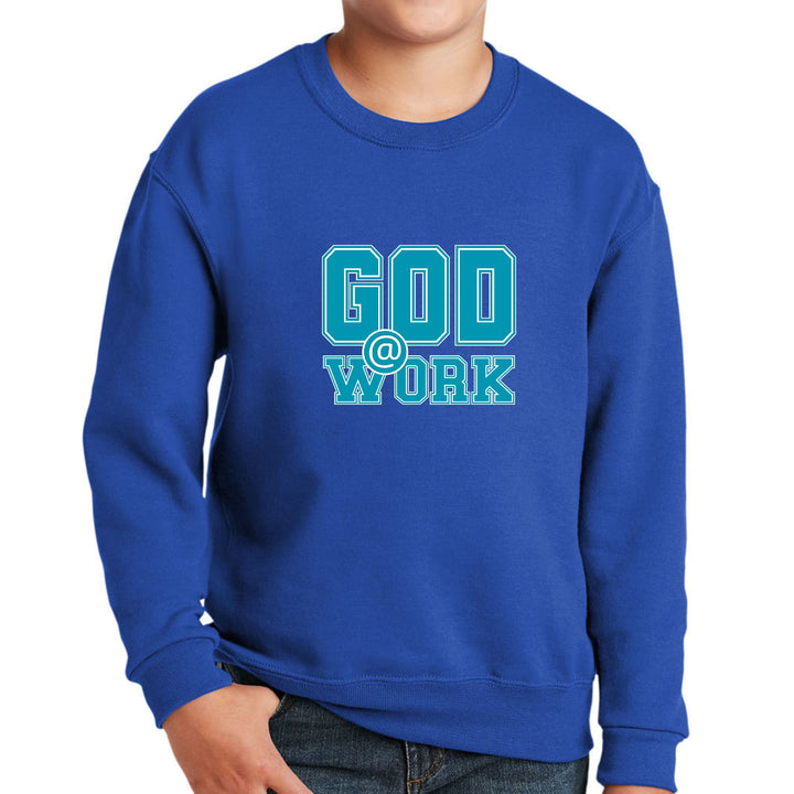 Youth Graphic Sweatshirt God @ Work Blue Green and White Print - Youth