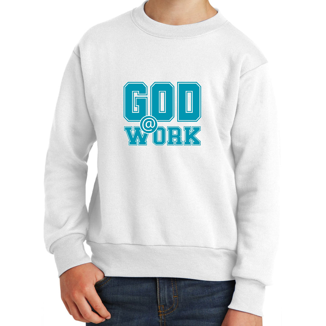 Youth Graphic Sweatshirt God @ Work Blue Green and White Print - Youth