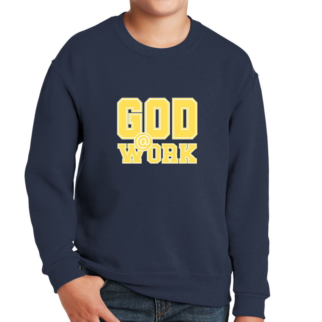 Youth Graphic Sweatshirt God @ Work Yellow and White Print - Youth | Sweatshirts