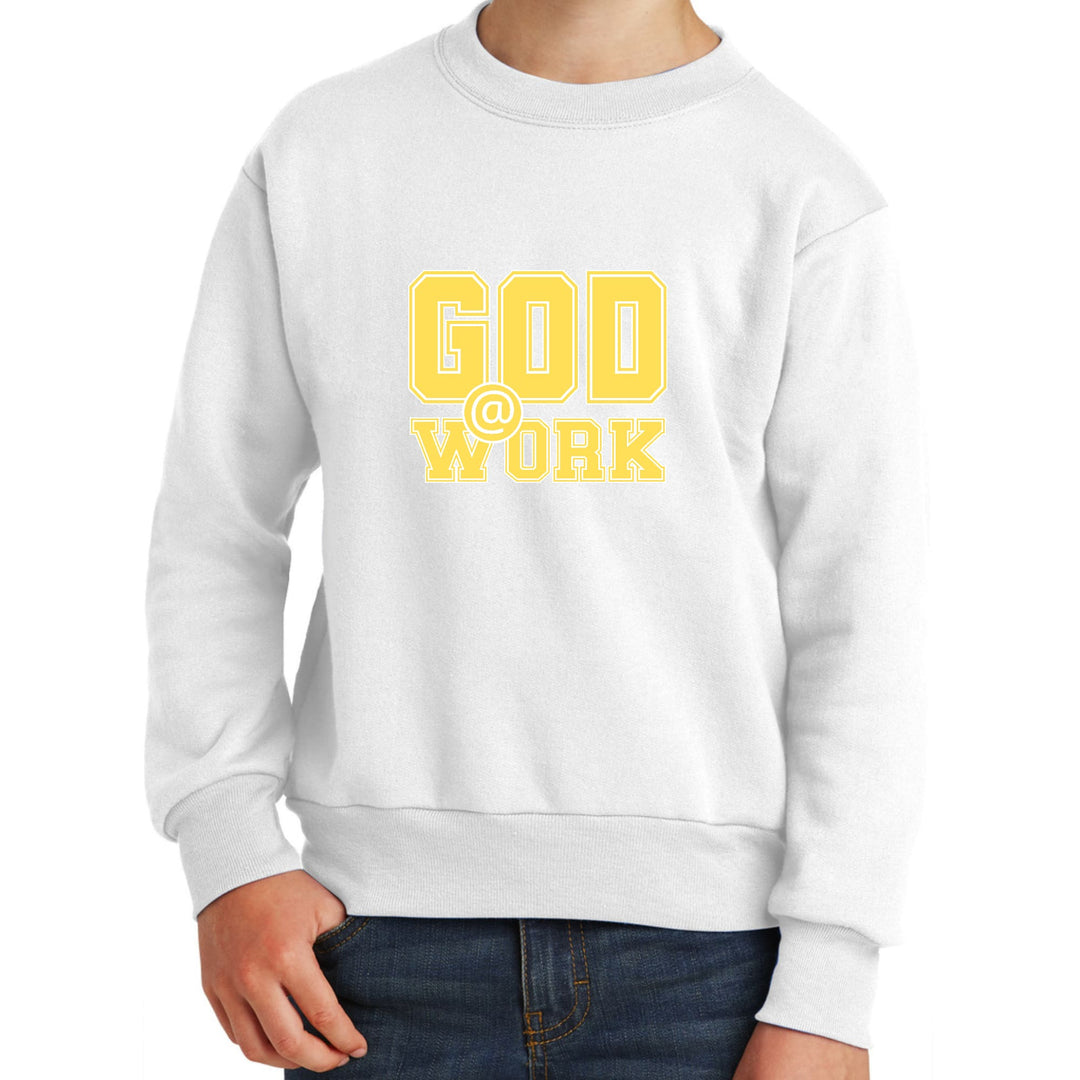 Youth Graphic Sweatshirt God @ Work Yellow and White Print - Youth | Sweatshirts