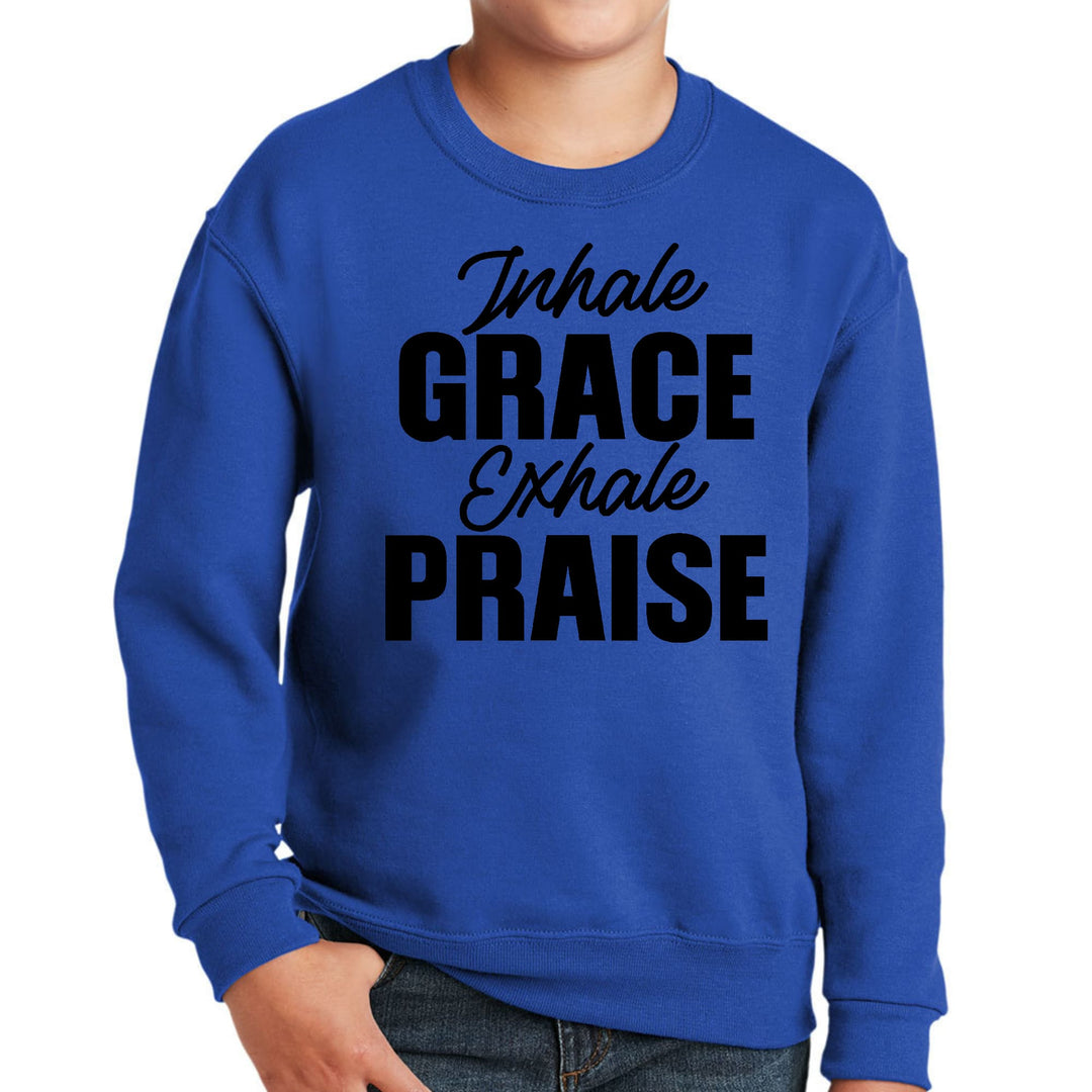 Youth Graphic Sweatshirt Inhale Grace Exhale Praise Black Illustration - Youth