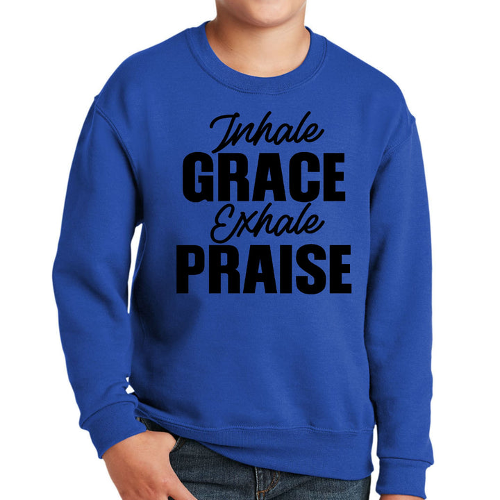 Youth Graphic Sweatshirt Inhale Grace Exhale Praise Black Illustration - Youth