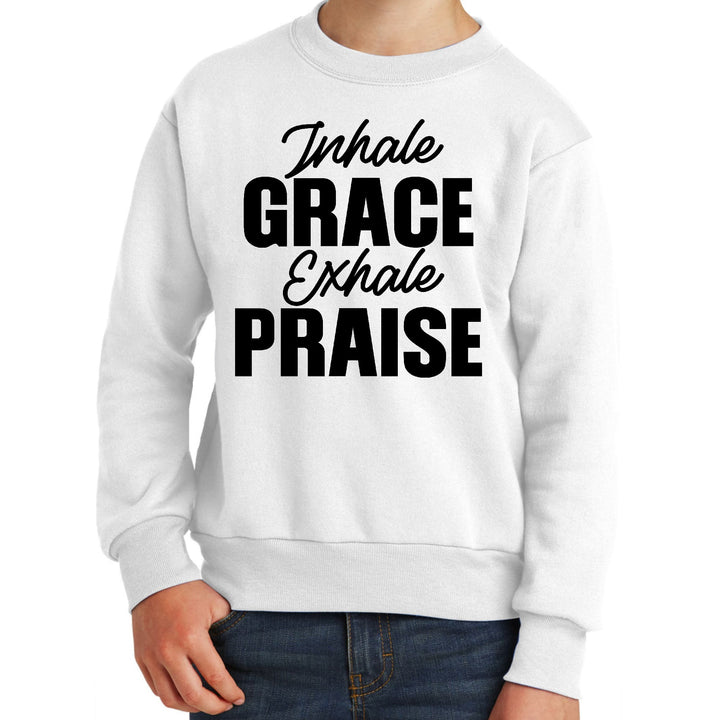 Youth Graphic Sweatshirt Inhale Grace Exhale Praise Black Illustration - Youth