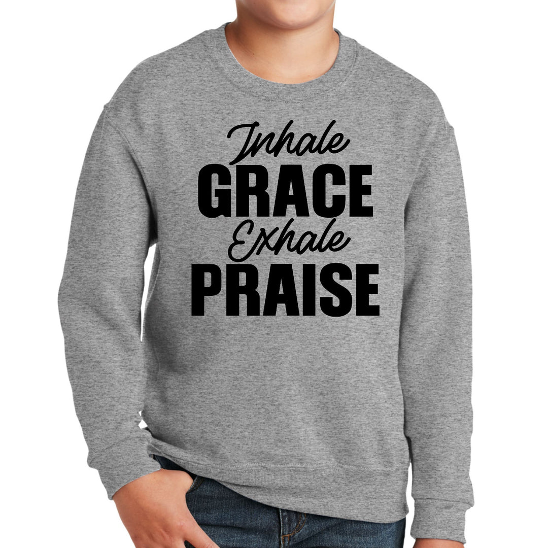 Youth Graphic Sweatshirt Inhale Grace Exhale Praise Black Illustration - Youth