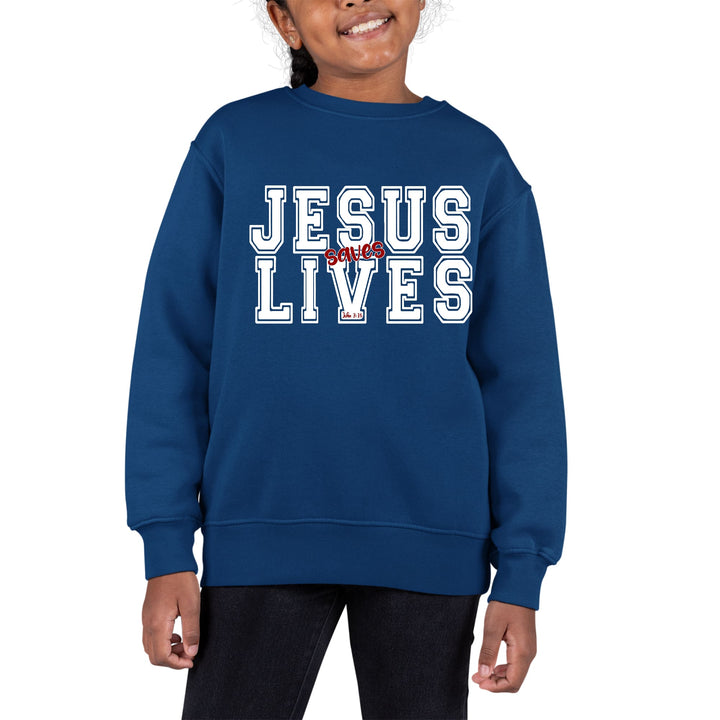 Youth Graphic Sweatshirt Jesus Saves Lives White Red Illustration - Girls