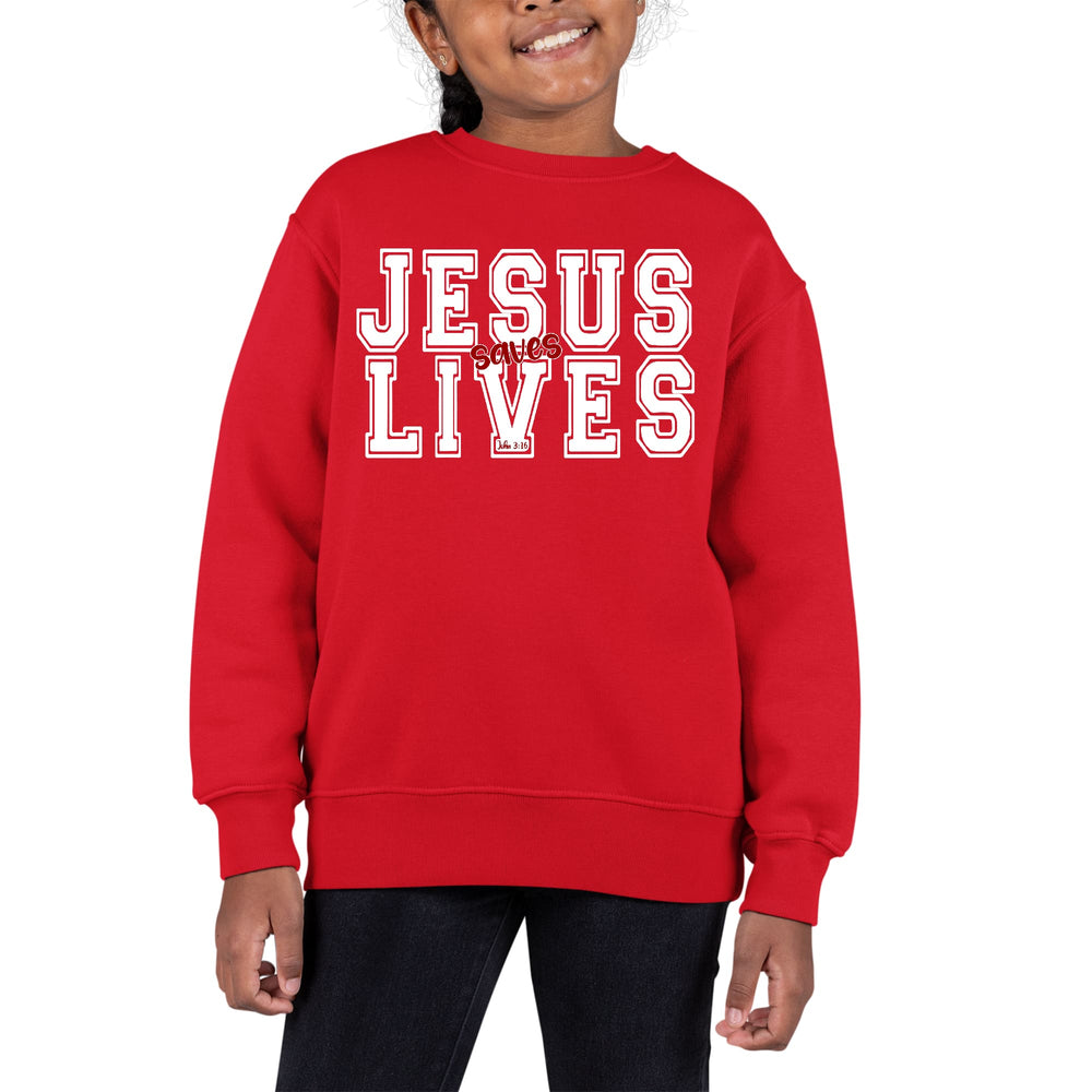 Youth Graphic Sweatshirt Jesus Saves Lives White Red Illustration - Girls