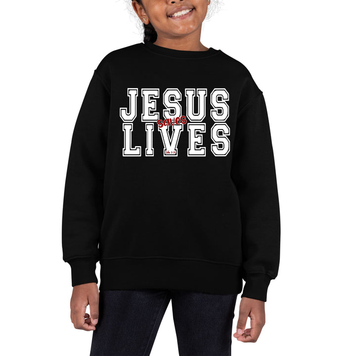 Youth Graphic Sweatshirt Jesus Saves Lives White Red Illustration - Girls