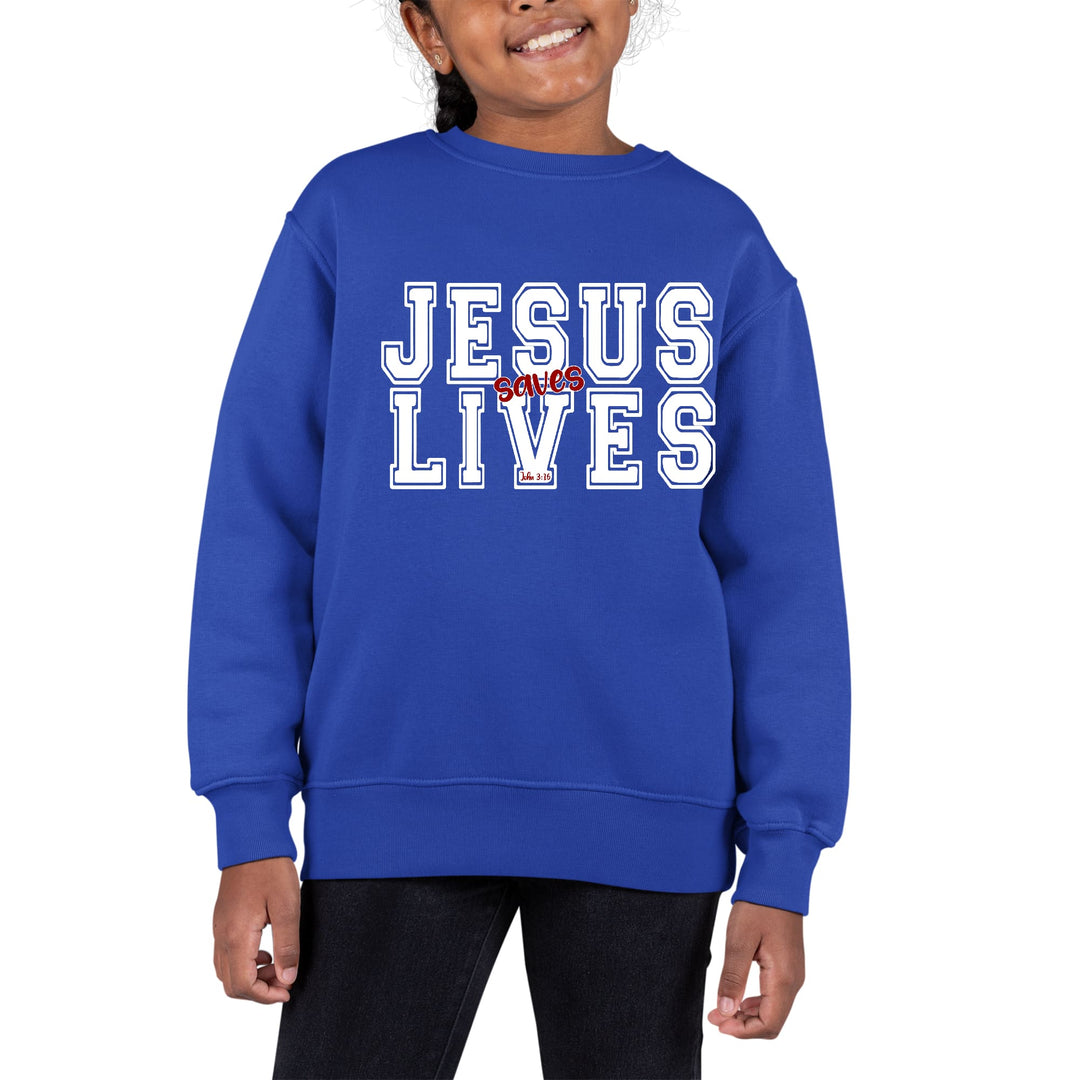 Youth Graphic Sweatshirt Jesus Saves Lives White Red Illustration - Girls