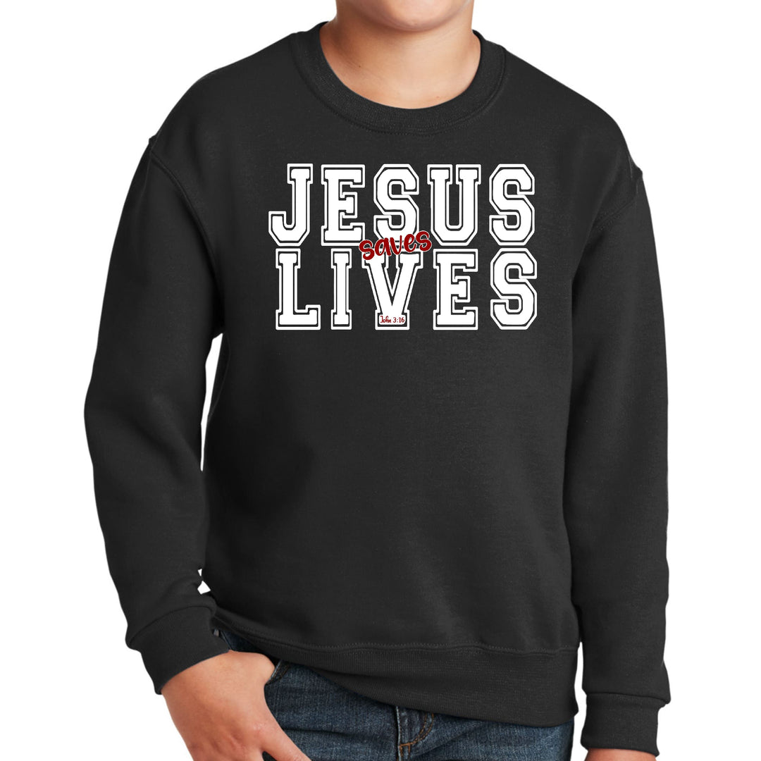 Youth Graphic Sweatshirt Jesus Saves Lives White Red Illustration - Youth