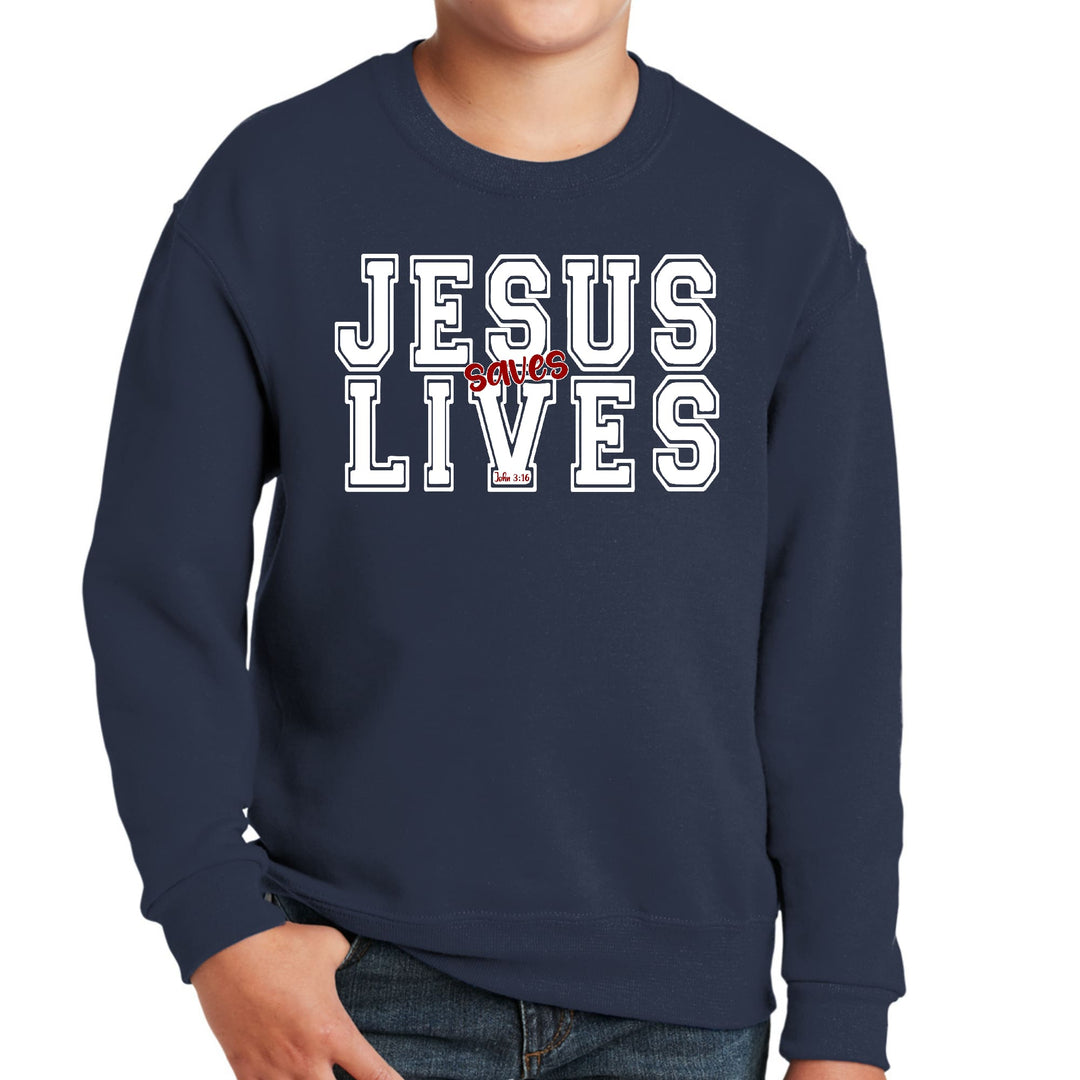 Youth Graphic Sweatshirt Jesus Saves Lives White Red Illustration - Youth