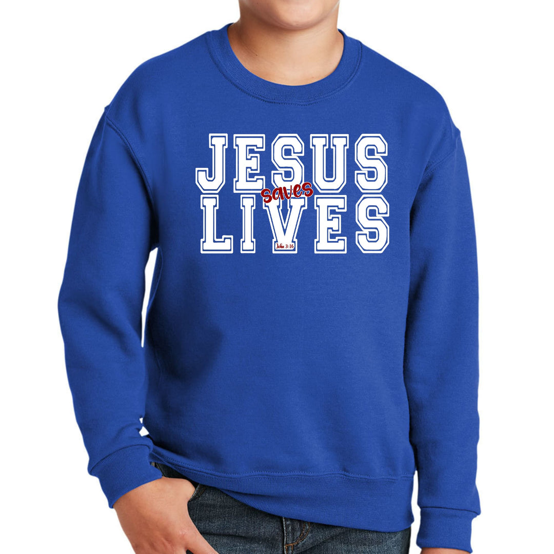 Youth Graphic Sweatshirt Jesus Saves Lives White Red Illustration - Youth