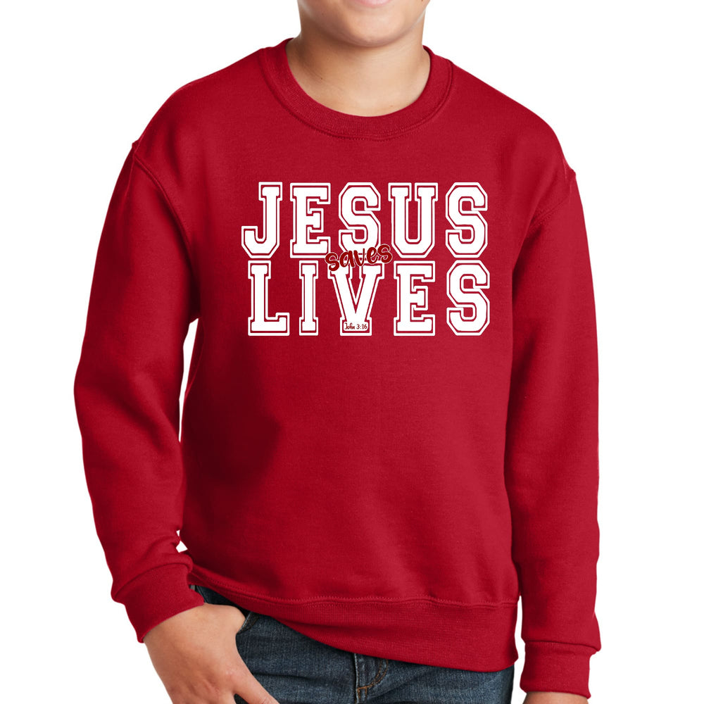 Youth Graphic Sweatshirt Jesus Saves Lives White Red Illustration - Youth