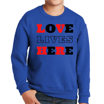 Youth Graphic Sweatshirt Love Lives Here Christian Red Black - Youth