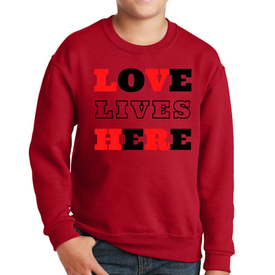 Youth Graphic Sweatshirt Love Lives Here Christian Red Black - Youth