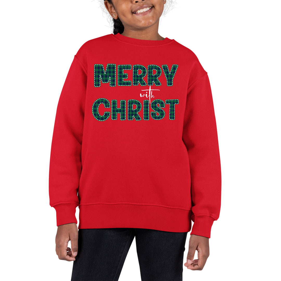 Youth Graphic Sweatshirt Merry with Christ Green Plaid Christmas - Girls