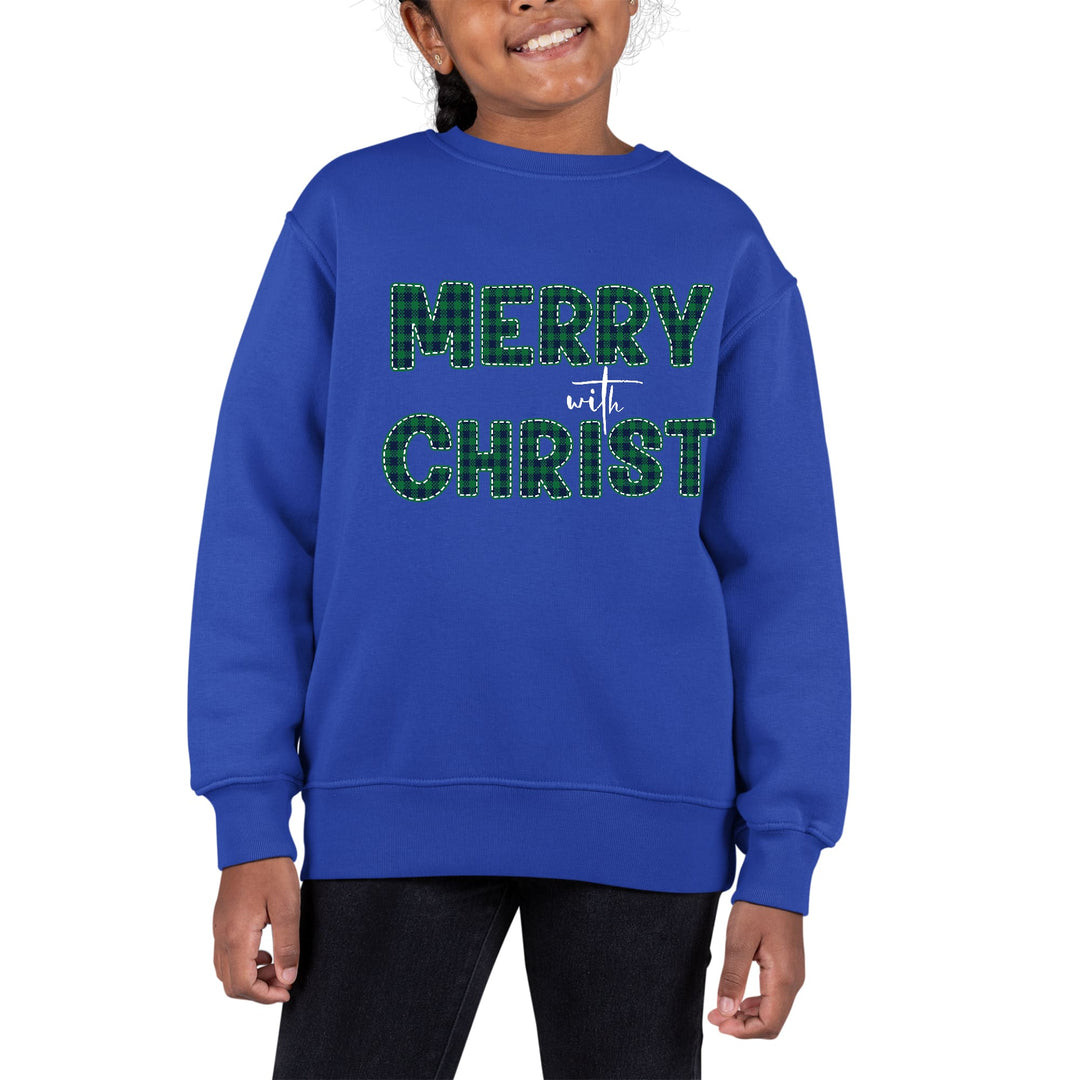 Youth Graphic Sweatshirt Merry with Christ Green Plaid Christmas - Girls