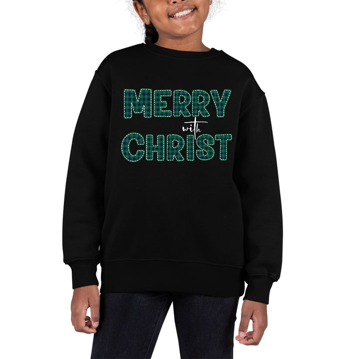 Youth Graphic Sweatshirt Merry with Christ Green Plaid Christmas - Girls