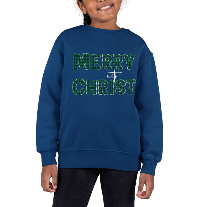 Youth Graphic Sweatshirt Merry with Christ Green Plaid Christmas - Girls