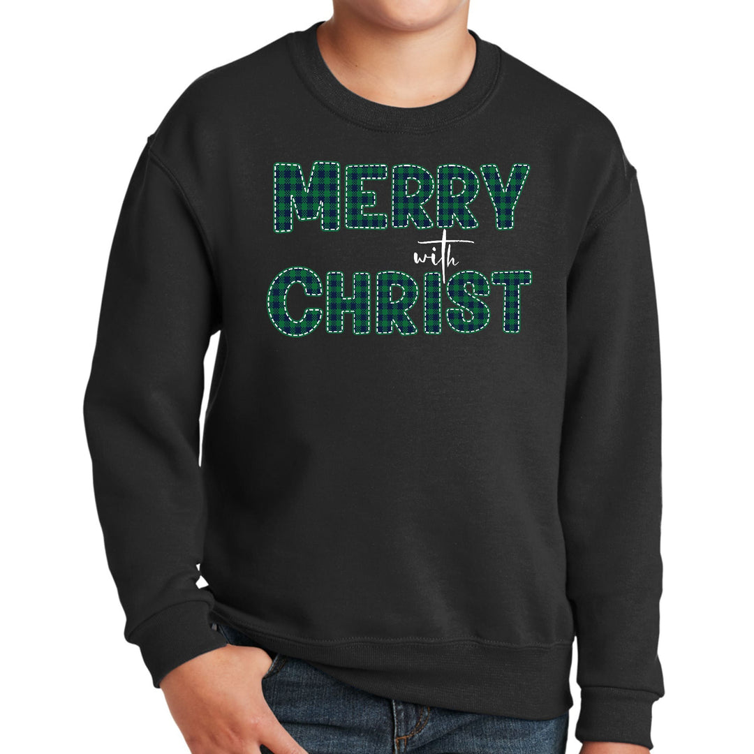 Youth Graphic Sweatshirt Merry with Christ Green Plaid Christmas - Youth