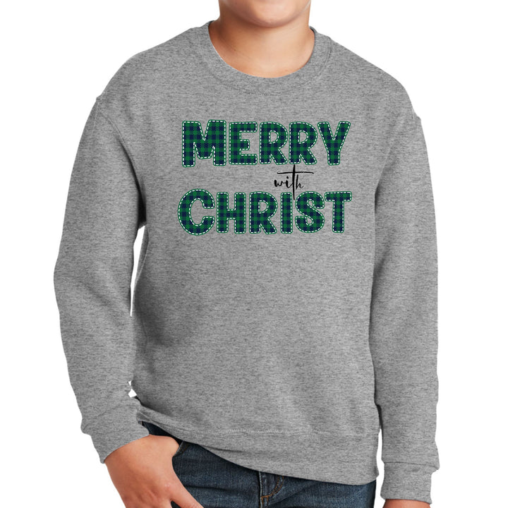 Youth Graphic Sweatshirt Merry with Christ Green Plaid Christmas - Youth