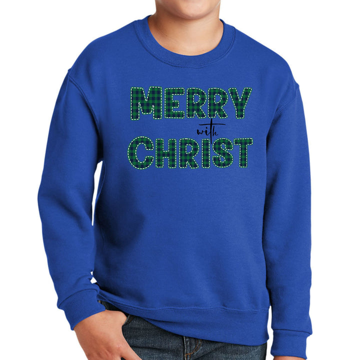 Youth Graphic Sweatshirt Merry with Christ Green Plaid Christmas - Youth