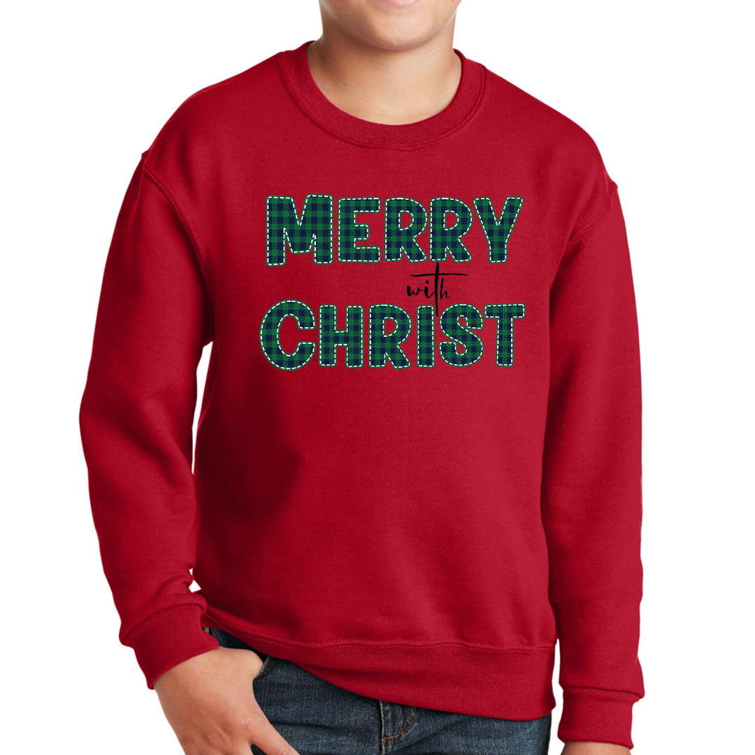 Youth Graphic Sweatshirt Merry with Christ Green Plaid Christmas - Youth