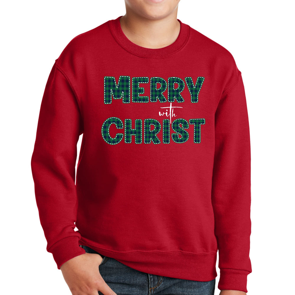 Youth Graphic Sweatshirt Merry with Christ Green Plaid Christmas - Youth