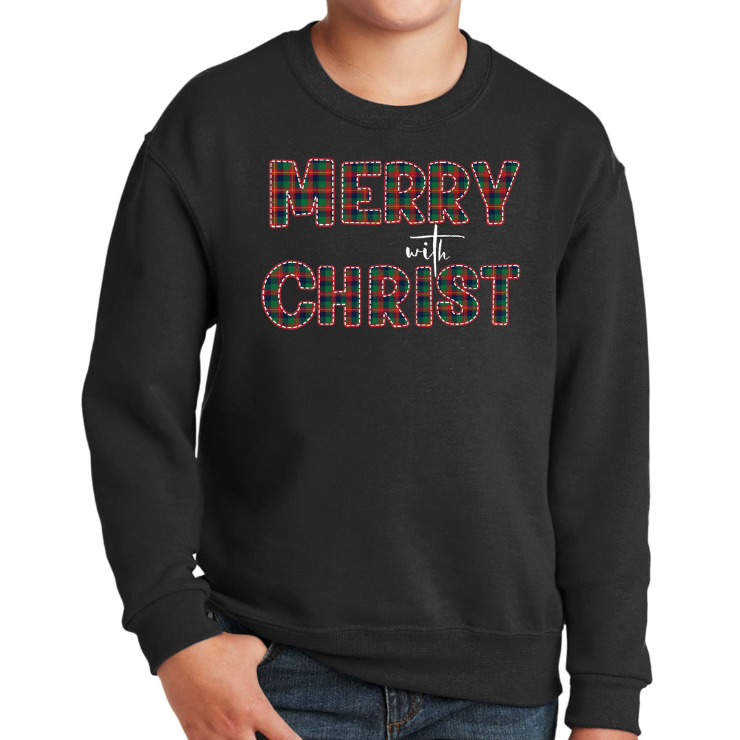 Youth Graphic Sweatshirt Merry with Christ Red and Green Plaid - Youth