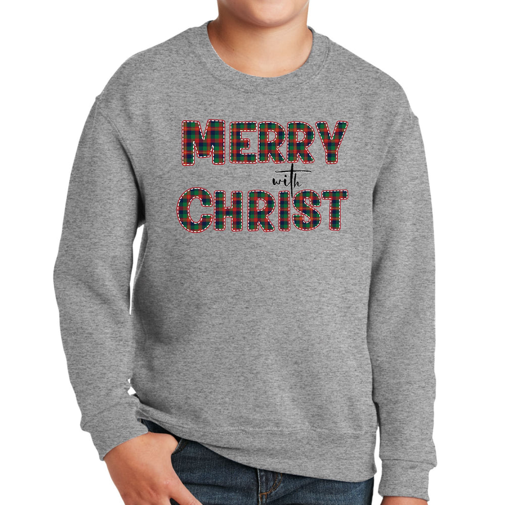 Youth Graphic Sweatshirt Merry with Christ Red and Green Plaid - Youth