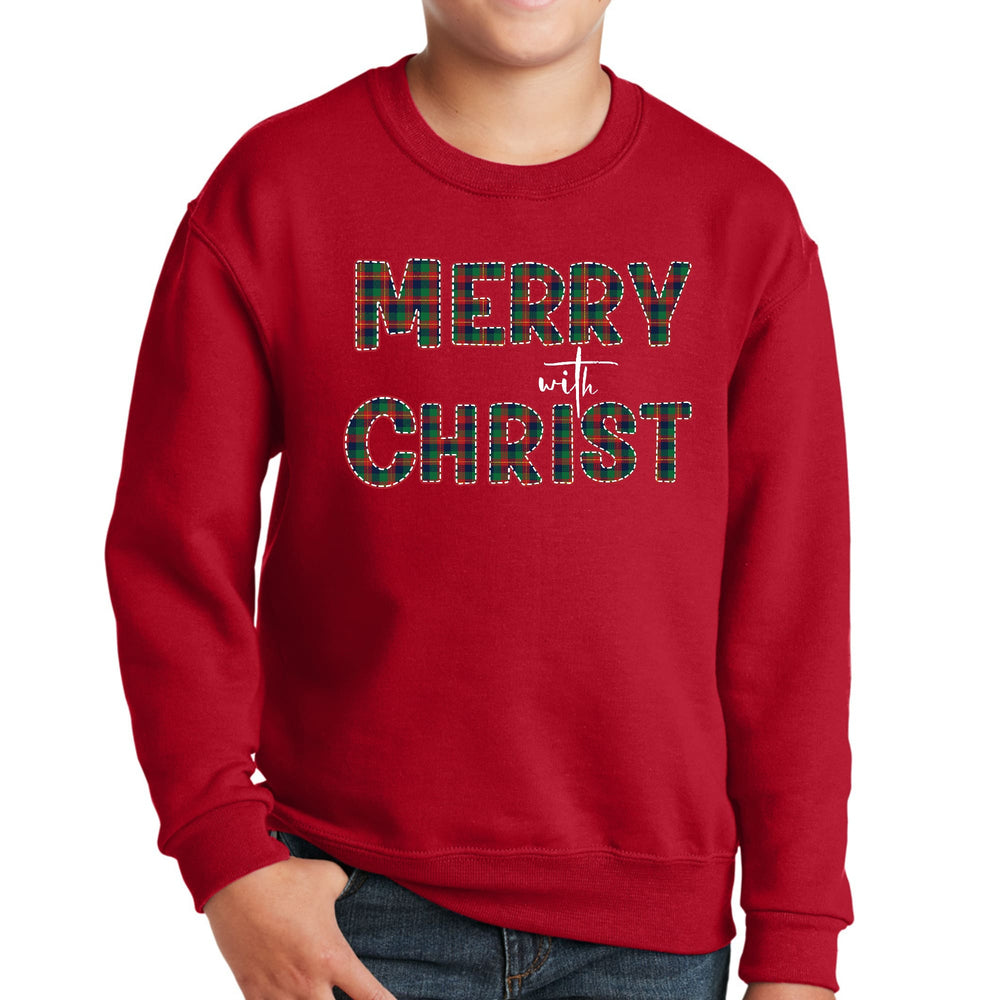 Youth Graphic Sweatshirt Merry with Christ Red and Green Plaid - Youth