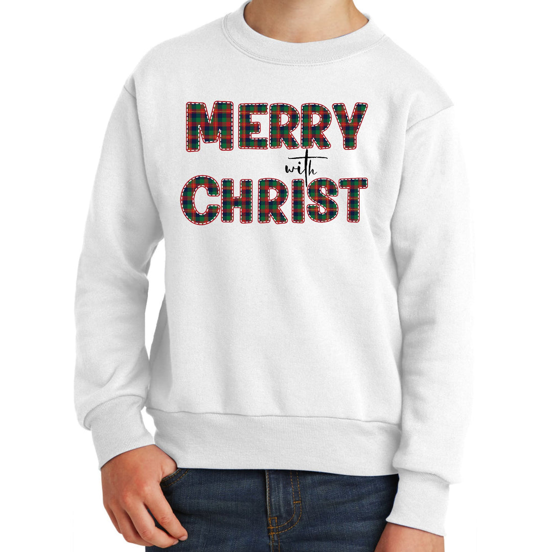 Youth Graphic Sweatshirt Merry with Christ Red and Green Plaid - Youth