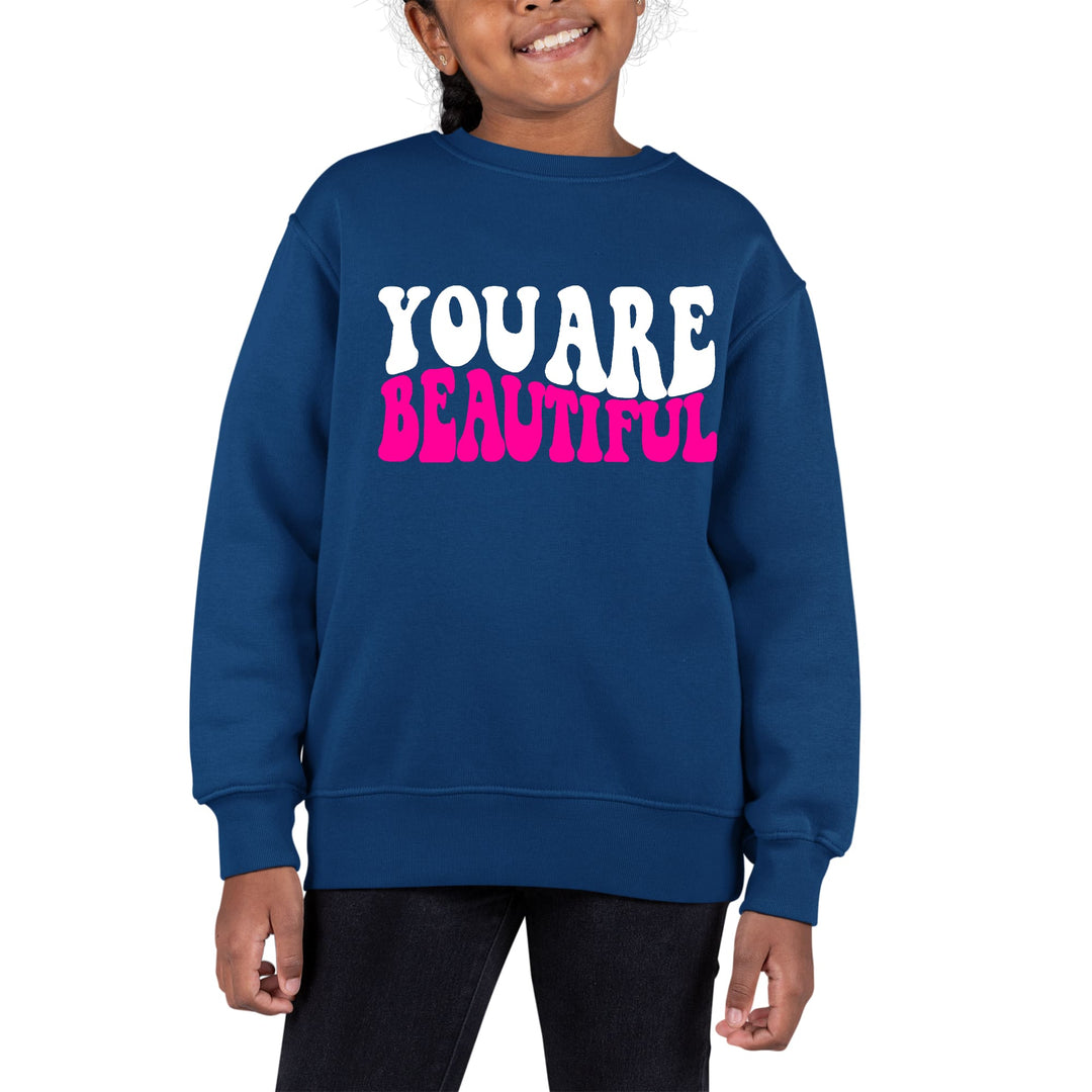 Youth Graphic Sweatshirt you are Beautiful Pink White Affirmation - Girls