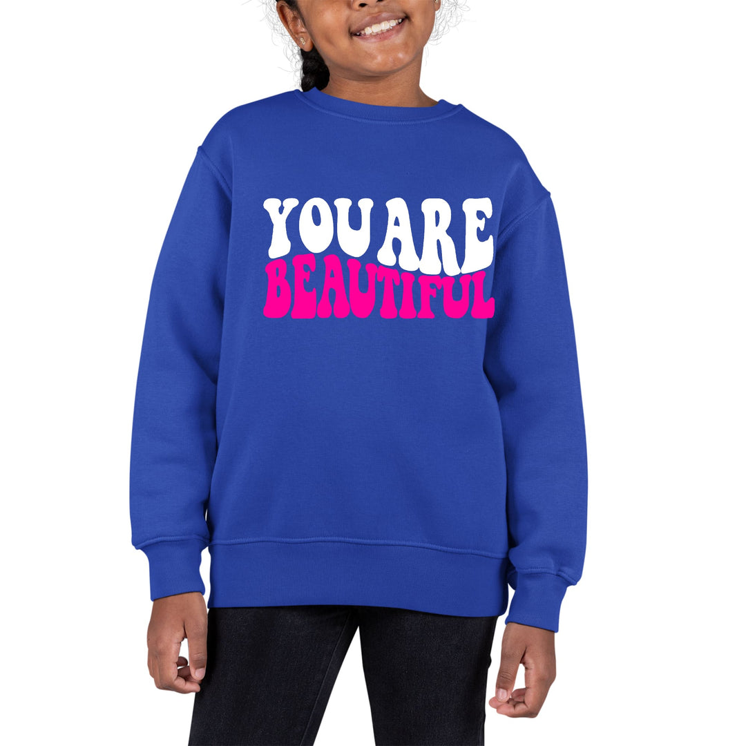 Youth Graphic Sweatshirt you are Beautiful Pink White Affirmation - Girls