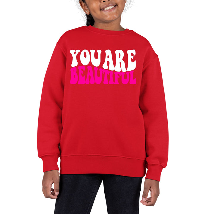 Youth Graphic Sweatshirt you are Beautiful Pink White Affirmation - Girls