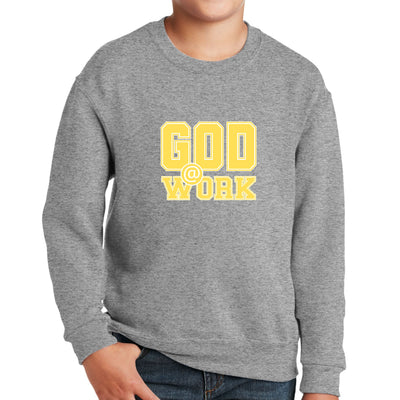 Youth Long Sleeve Crewneck Sweatshirt God @ Work Yellow And White - Youth