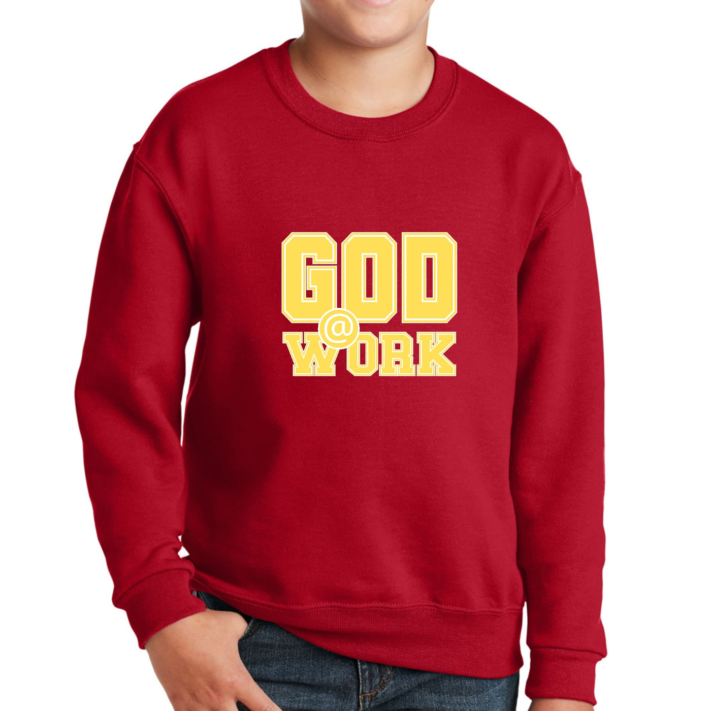 Youth Long Sleeve Crewneck Sweatshirt God @ Work Yellow And White - Youth