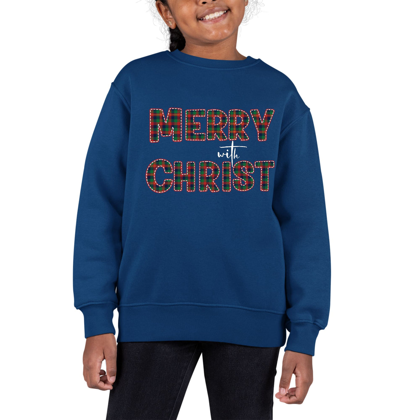 Youth Long Sleeve Crewneck Sweatshirt Merry With Christ Red - Girls
