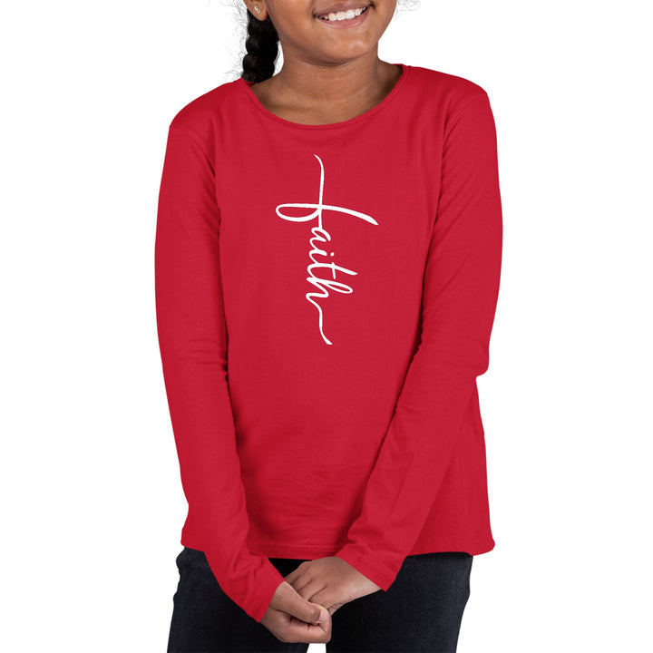 Youth Long Sleeve Graphic T-shirt Faith Script Cross Illustration - Girls