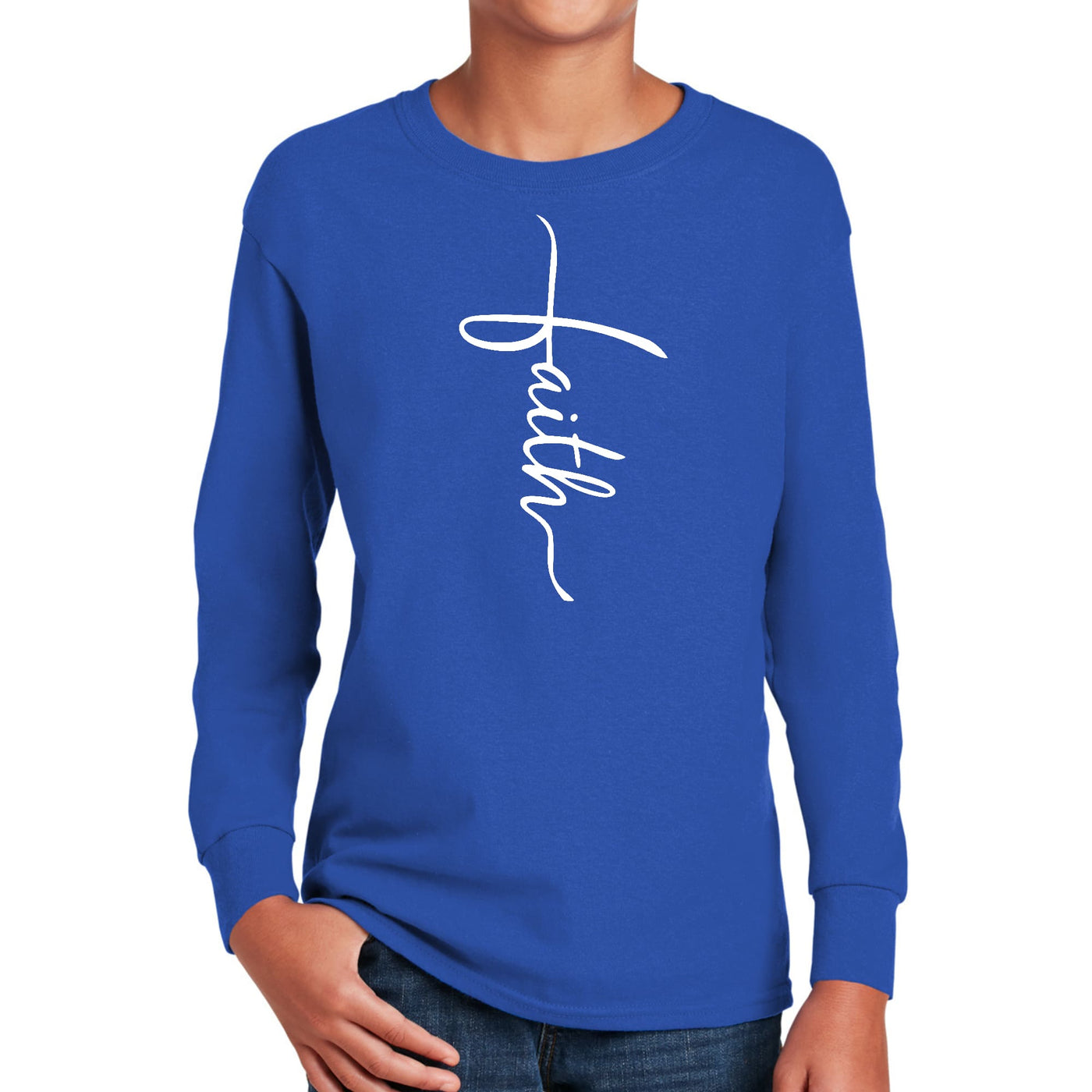 Youth Long Sleeve Graphic T-shirt Faith Script Cross Illustration - Youth