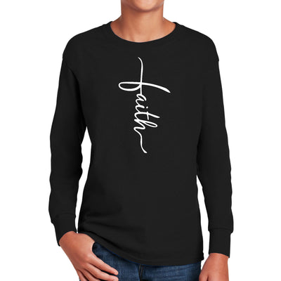 Youth Long Sleeve Graphic T-shirt Faith Script Cross Illustration - Youth