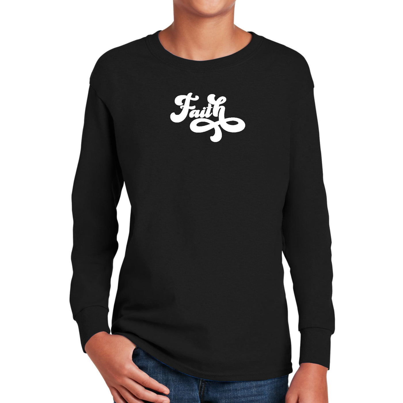 Youth Long Sleeve Graphic T-shirt Faith Script Illustration - Youth | T-Shirts