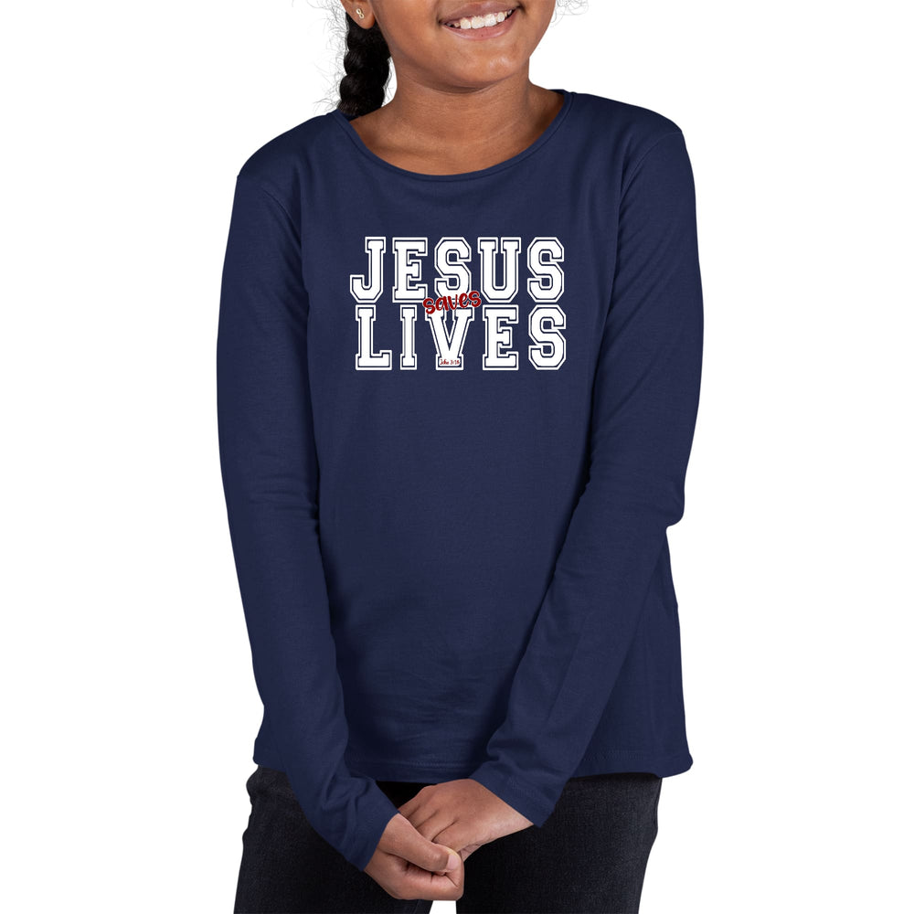 Youth Long Sleeve Graphic T-shirt Jesus Saves Lives White Red - Girls