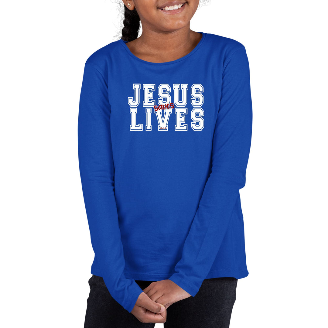 Youth Long Sleeve Graphic T-shirt Jesus Saves Lives White Red - Girls