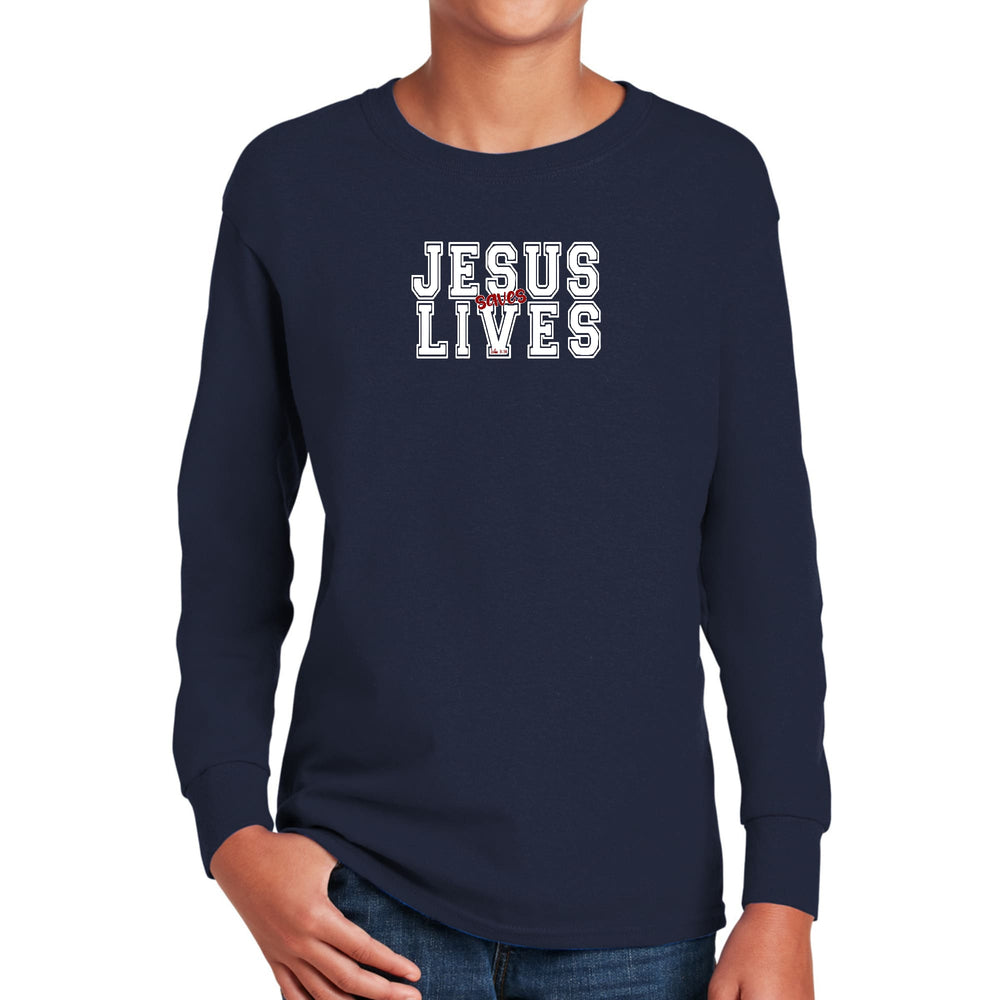 Youth Long Sleeve Graphic T-shirt Jesus Saves Lives White Red - Youth